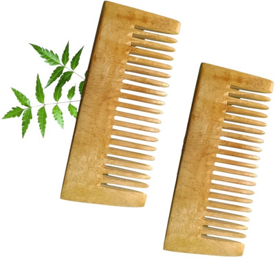MICLAC Kacchi Neem Wooden shampoo wide tooth Comb For Multi-Actions 2PCS