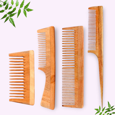 Yolin Wooden Neem Comb Set of 4 for Dandruff Control - Ideal for Men and Women