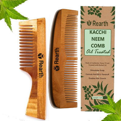 Rearth Kacchi Neem Wooden Wide Teeth Handle Comb + Ruby Neem Wooden Comb (Set of 2)