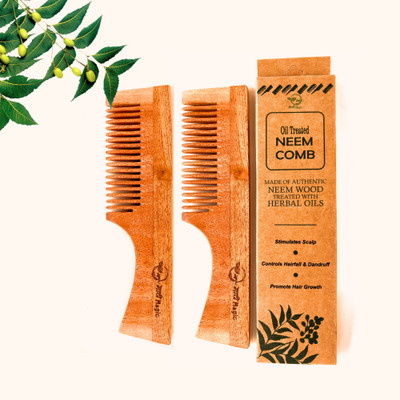 Maati Magic Kachhi Neem Wood Regular Size Comb with Handle for Men & Women | Pack of 2