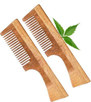 MICLAC Men small wooden comb with handle 2PCS