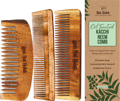 Nat Habit Wide Tooth Bounce Kacchi Neem Comb + Fine Tooth Pocket + Dual Tooth Combo Pack