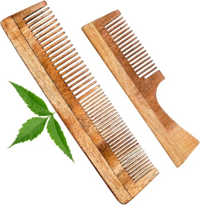 MICLAC Kacchi Neem Wooden Handle & Dual Tooth Comb For Multi-Actions Combo