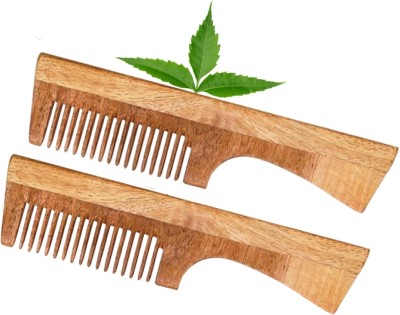 MICLAC Women neem wooden wide tooth comb with handle 2PCS