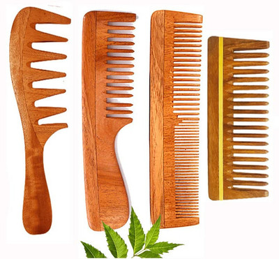 RUfiys Neem Wood Wide Tooth Comb for Curly Hair | For Women & Men | Combo Pack of 4