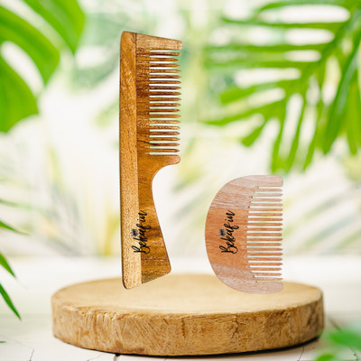 Just Beleaf in Neem Wood Comb | Handmade Antidandruff Comb Set of 2 (Handle Comb + Moon Comb)
