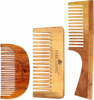 PARK DANIEL Natural & Ecofriendly Handcrafted Wooden Beard Comb(4 inches), Neem Wooden Dressing Handle Comb(7.5 inches) & Medium Detangler Comb(5.5 inches) pack of 3 pcs.