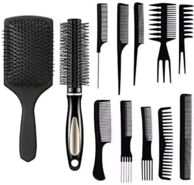 BRM TRADERS Paddle Hair Brush, Roller Comb & 10 Pc Saloon Professional Comb Set(Pack of 12)