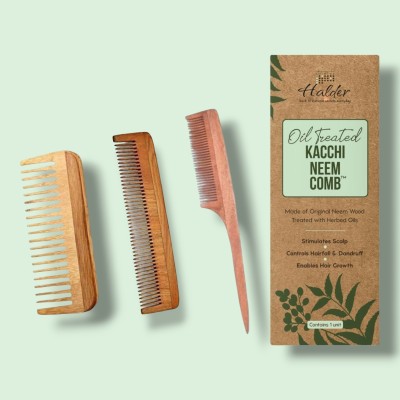 HALDER Neem Wood Hair Comb, Wooden comb| Set OF 3 | For Men & Women