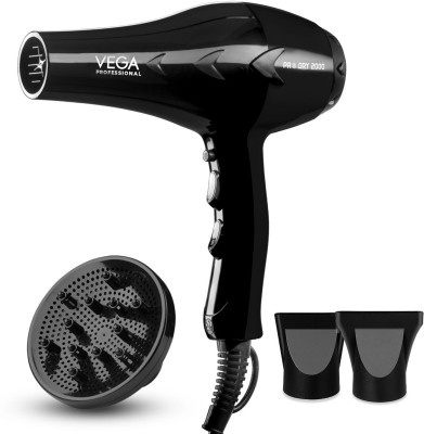 Vega Professional Pro Dry 2000 Watts Hair Dryer wih Diffuser & Nozzel Attachments For Salon & Home Hair Dryer(2000 W, Black)