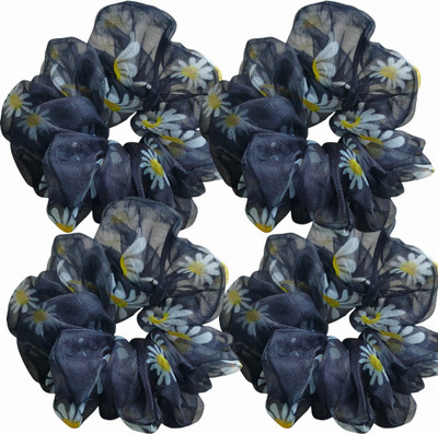 house of common Floral Print Soft Fabric Scrunchies for Women & Girls | Pack of 4 Hair Bands Hair Band(Black)