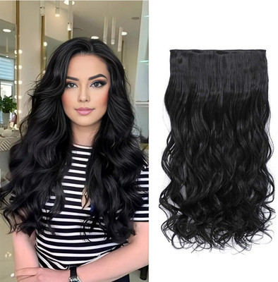 TRESS 5 Clips Curly Synthetic hair Women Curly/Wavy  Extension 22 Inches (Black) Hair Extension