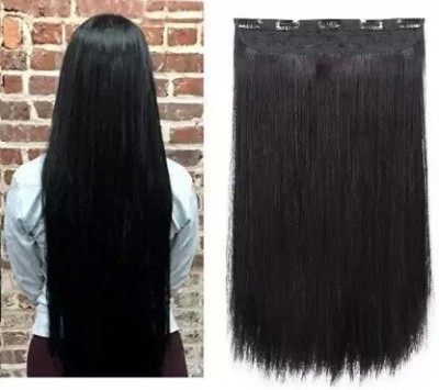 Getvock 24 Inch 5 Clip In Black Straight Synthetic Fiber Extension For Girls Hair Extension