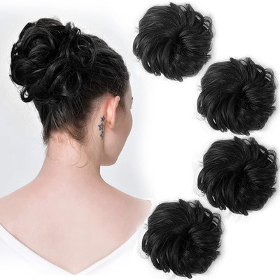 Unique Creations 4 Pcs Messy Bun Black A bit shiny to add Glossy Look Bridal Bun Wedding Hair Extension
