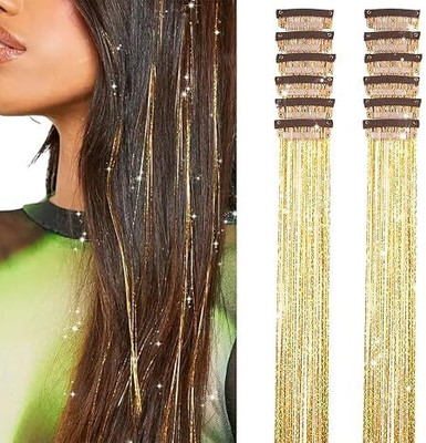 D-DIVINE 2Pcs Clip in  Tinsel, 24 Inch Glitter Tinsel  Extensions (Golden) Hair Extension