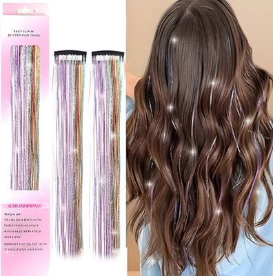 VIVIAN 2pc  Tinsel Clip In Heat Resistant 24 Inch Sparkly  (Multicolor) Hair Extension
