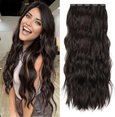 D-DIVINE 5 Clips Curly Synthetic Women Curly/Wavy  Extension 22 Inches (Brown) Hair Extension