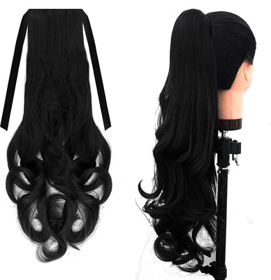 D-DIVINE Ribbon Ponytail  Extensions Curly (Women And Girls) (Black) pack of 1 Hair Extension