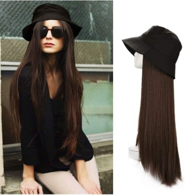 Gramercy Hair Attached Bucket Hat Long Straight Wig Fishing Travel Hat with Hair Extension