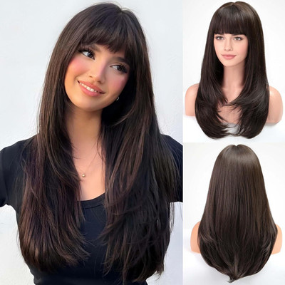 Views Brown Straight  Wig with Front Bangs Synthetic Full Hair Extension