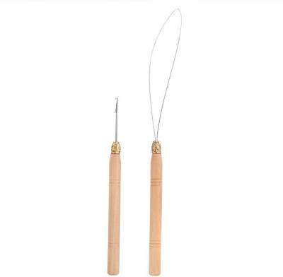 Lebene 2pcs Hook Pulling Tool Needle Threader Micro Ring Beads Loop Wooden Handle Hair Extension