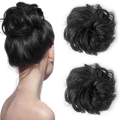 D-DIVINE Messy Hair Donut Bun Hair Extension with Elastic Rubber Band Bun(Black)