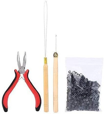DreamExim Kit Pliers Pulling Hook Bead Device Tool Kits & 200PCS Black Micro Ring Hair Extension
