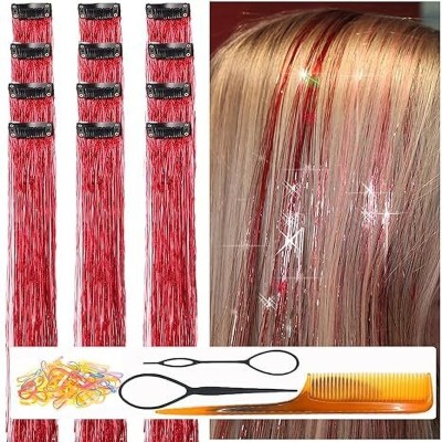 DreamExim 2pc  Tinsel Clip In Heat Resistant 24 Inch Tinsel  Strands Red Color Hair Extension