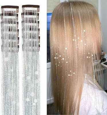 D-DIVINE 2Pcs  Tinsel Clip in Glitter Tinsel 24Inch  Tinsel (Silver/2Pcs) Hair Extension