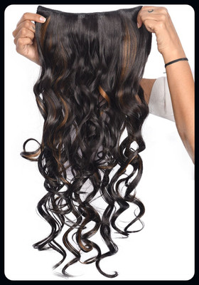 Hamsri Wavy/Curly 5 Clip Brown Hony Golden Highlight Synthetic Extension For Women-N Hair Extension