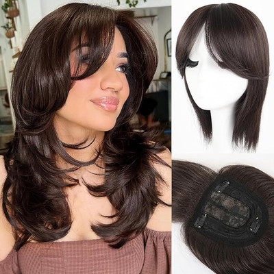 CAMOLA DEVA 2 clip natural brown color topper with fringe(forehead hair) Hair Extension