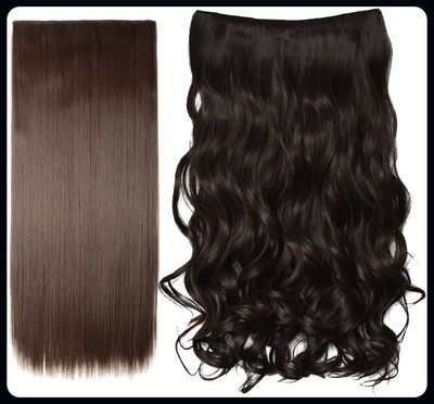 Hamsri Set of 2 Pcs 5 Clip Based Straight & Curly  Extension24 Inch (Brown)-N Hair Extension