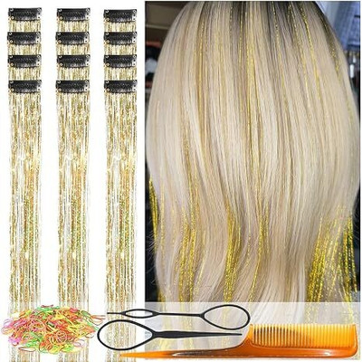 Views 2pc  Tinsel Clip In Heat Resistant 24 Inch Tinsel  Strands Gold Color Hair Extension
