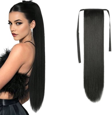 Blushia Ribbon 24 Inch Hair Wig - Synthetic Natural Straight Black Hair Pieces Hair Accessory Set(Black)