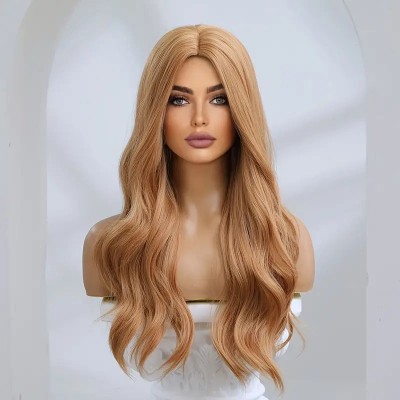 Ashkash 26 Inch Long Curly/Wavy Blonde Middle Part Natural Looking Synthetic Wig Hair Extension