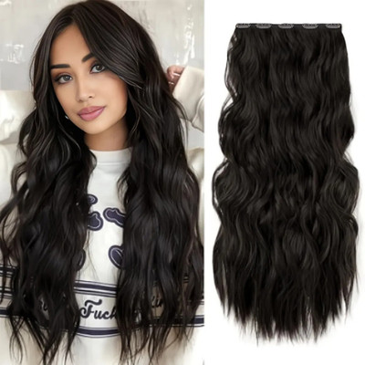 D-DIVINE 5 Clips Curly Synthetic hair Women Curly/Wavy  Extension 22 Inches (Brown) Hair Extension