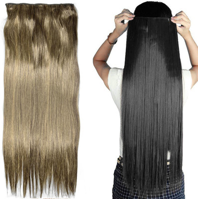D-DIVINE (Pack of 2) 24 Inch Clip Long  Smooth Straight Synthetic (Black & Golden) Hair Extension