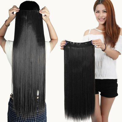 Chronex New 5 Clips Based Straight Synthetic  Extension/Wig(Black, 24-inches) Hair Extension