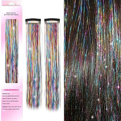 Views 2pc  Tinsel Clip In Heat Resistant 24 Inch Sparkly  (Rainbow) Hair Extension