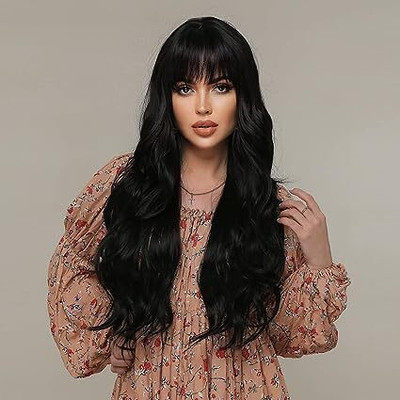 A H S 18 Inch Black Long Wavy Curly Synthetic� womens Wig with Bangs for Women & Girls Hair Extension