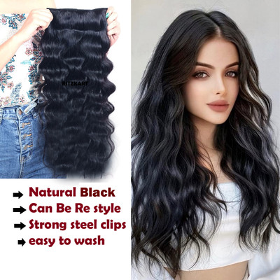 Ritzkart 16 inch Black Wavy Curly Clip-In Human  Extensions (100-110 grams) Hair Extension