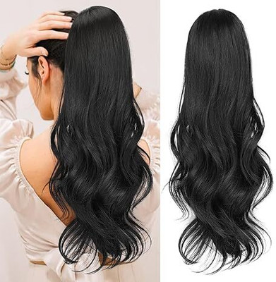 Blushia Ponytail Extensions, 22 inch Black Long Drawstring Wavy Clip in Ponytail Hair Extension