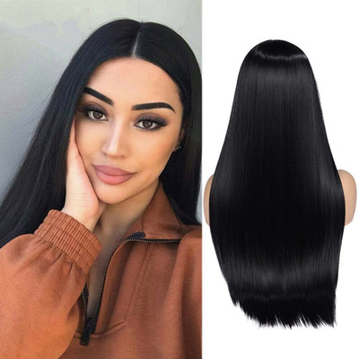 D-DIVINE Straight Black Synthetic Full Head Long Natural  Hair Extension