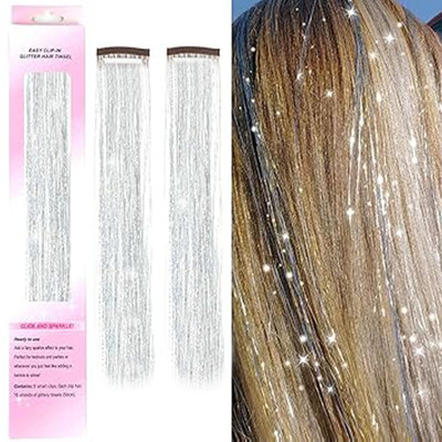 D-DIVINE 2pc  Tinsel Clip In Heat Resistant 24 Inch Sparkly  (Silver) Hair Extension
