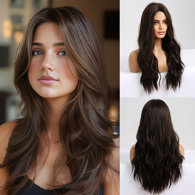 D-DIVINE Brown Full Head Middle Partition Wavy  Wigs For Women & Girls Hair Extension