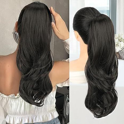 D-DIVINE Ponytail Extensions, 22 inch Natural Black Long Drawstring Wavy Clip Hair Extension