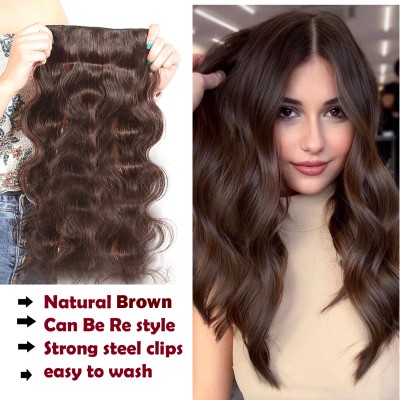 Ritzkart 26 inch Brown Wavy Curly Clip-In Human Extensions (100-110 grams) Hair Extension