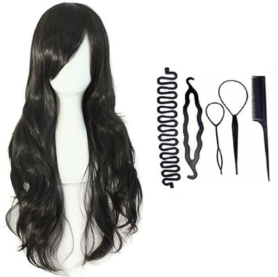 A H S Full Head women's wig Long Curly/wavy front bangs With 5Piec Braid tools Black Hair Extension