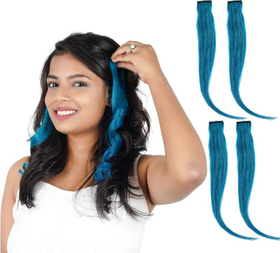 RefynHair Women Natural Human  Teal Blue Color 14 Inches With Pack of 4 Hair Extension