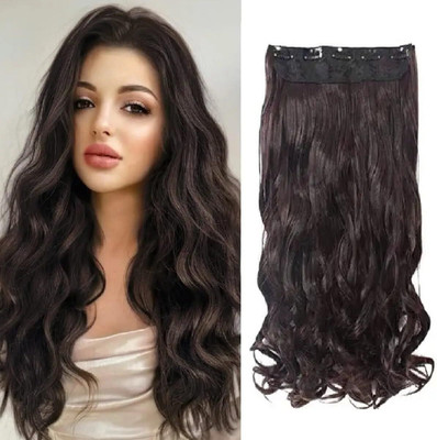 TRESS Women's Natural Brown Curly/Wavy  Extensions in 5 Clip Hair Extension